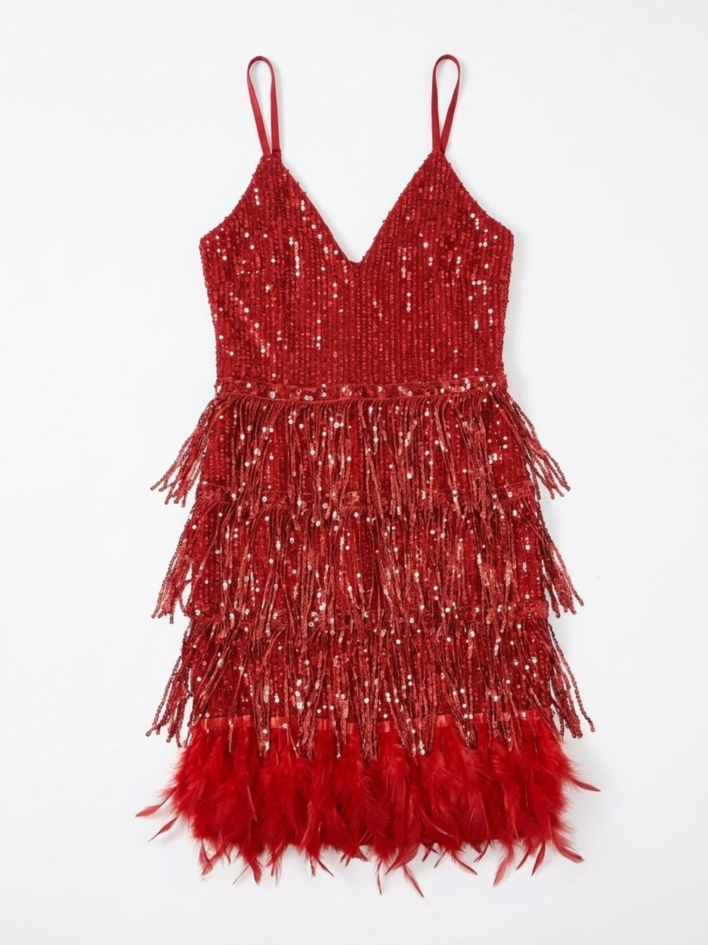 Red Sequin Fringe Feather Flapper Slip Dress XS - Showgirl, Halloween, Eras